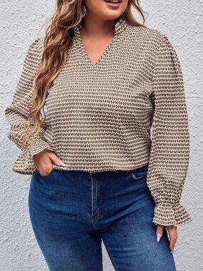 SHEIN Curve Brown and Cream Patterned V-Neck Blouse - Women's Top 1X